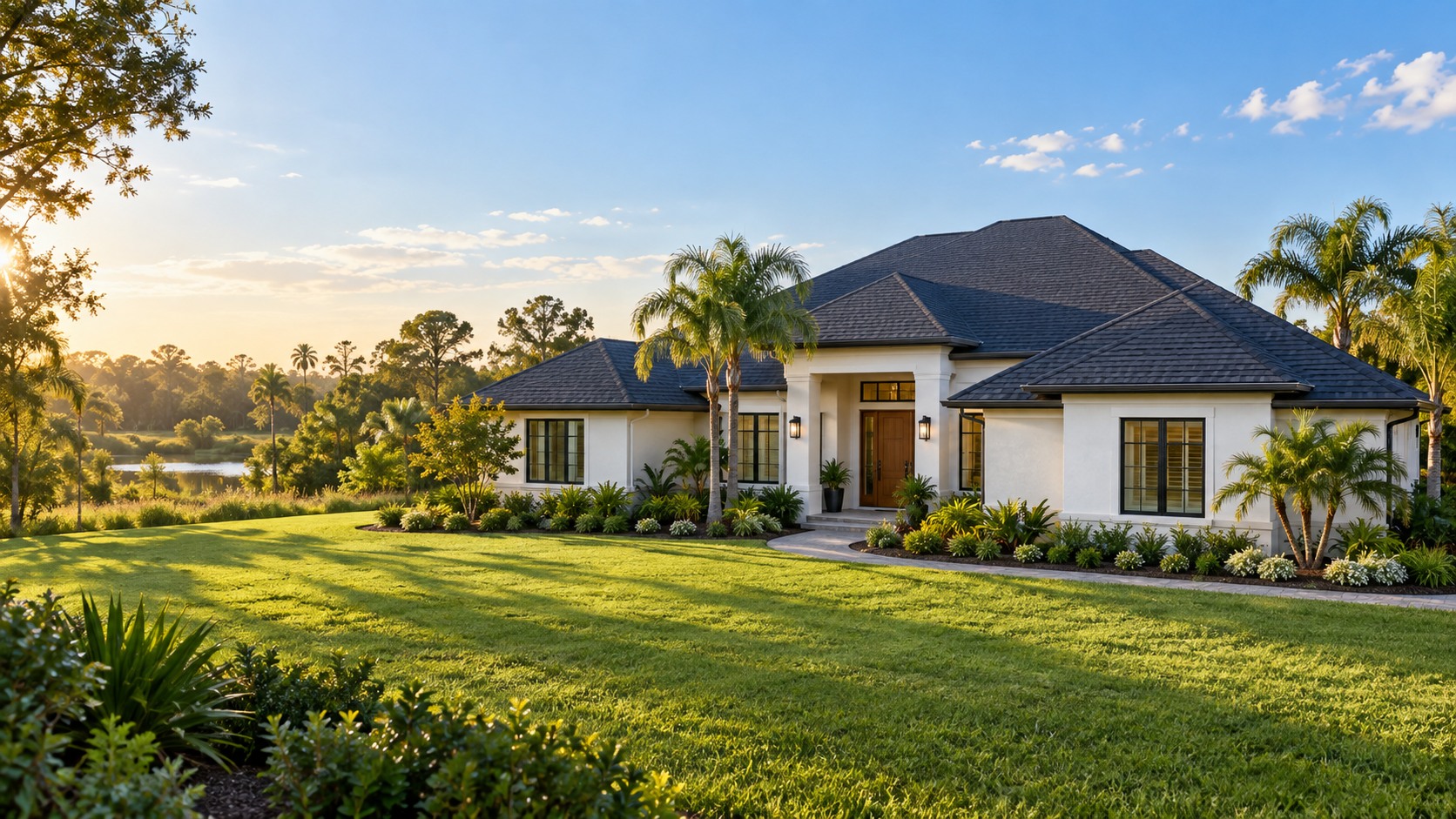 Illustrative image of a Florida home with a charcoal shingle roof in warm morning light